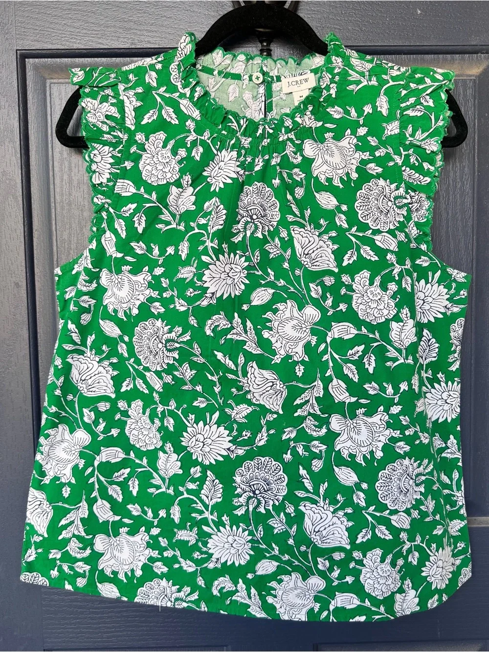 J. Crew Women's Green and White Floral Ruffle Sleeve Dress